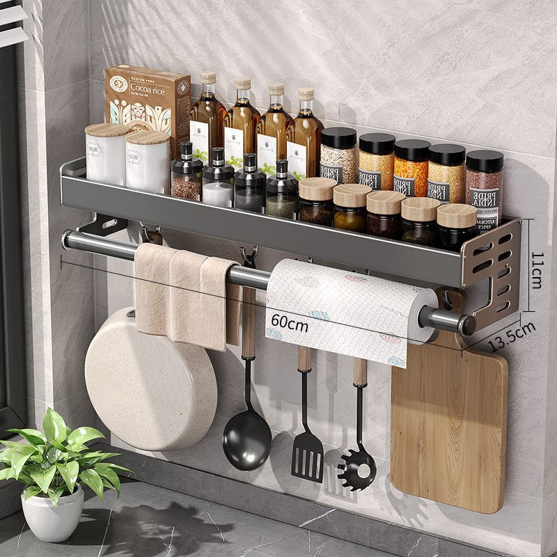 Wall Mount Utensil Holder - Stainless Steel Kitchen Storage Shelf with Hooks & Spice Organizer Rack