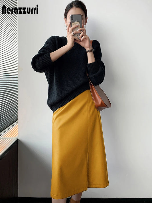 Nerazzurri Midi skirts below knee 2021 Yellow black soft leather skirt women zipper Long straight skirts for women high waist
