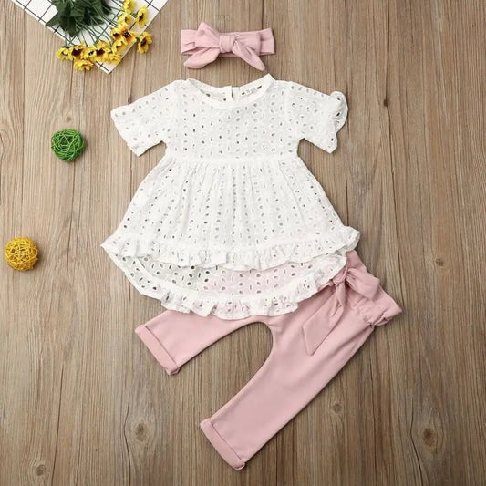 Citgeett Summer 3Pcs Newborn Infant Baby Girl Clothes White Top T-Shirt Dress Bowknote Pants Outfit Set