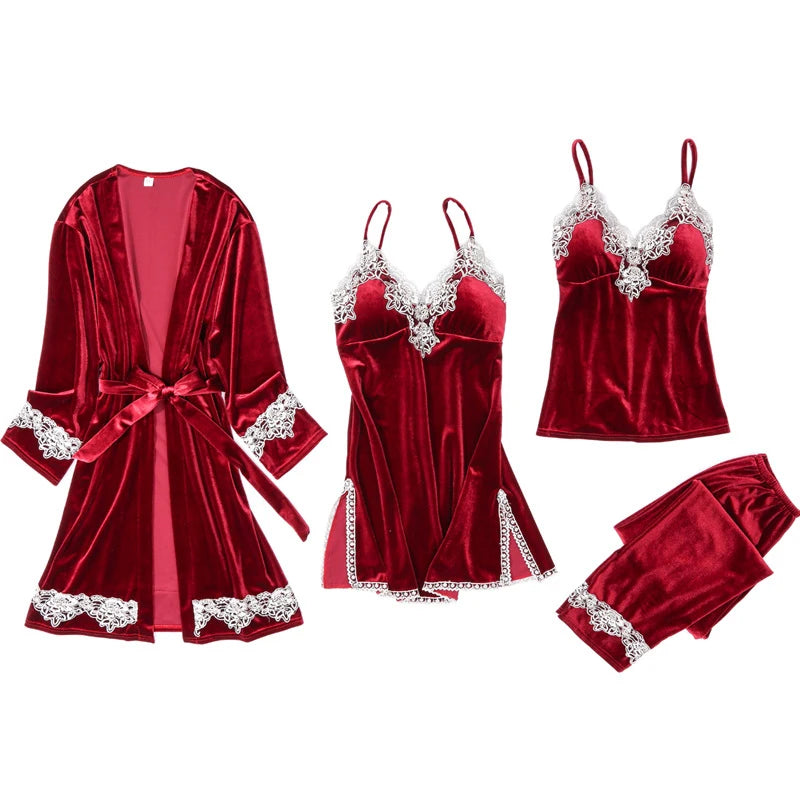 Women's Pajama Set 4Pcs Velvet Sleepwear Robe Gowns Nightwear V-Neck Sexy Pijamas Ladies Home Suit Nightgown Bride Bathrobe Gown