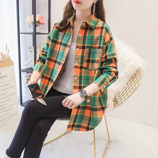 Brand Women's Flannel Plaid Shirts 2025 New Ladies Tops Exquisite Designer Style Loose Blouses Casual Cotton Long Sleeve Blouse