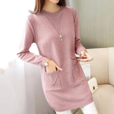 Solid Long Sweater Women Clothing 2025 New Korean Pocket Knit Sweater Dress Casual Warm Loose O neck Long sleeve Ladies Pullover