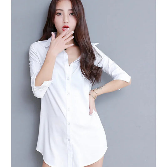 Women's Long Cotton Blend Dress Shirt Loose Boyfriend Style White Pink Spring Full Sleeve Korean Tops Street Fashion