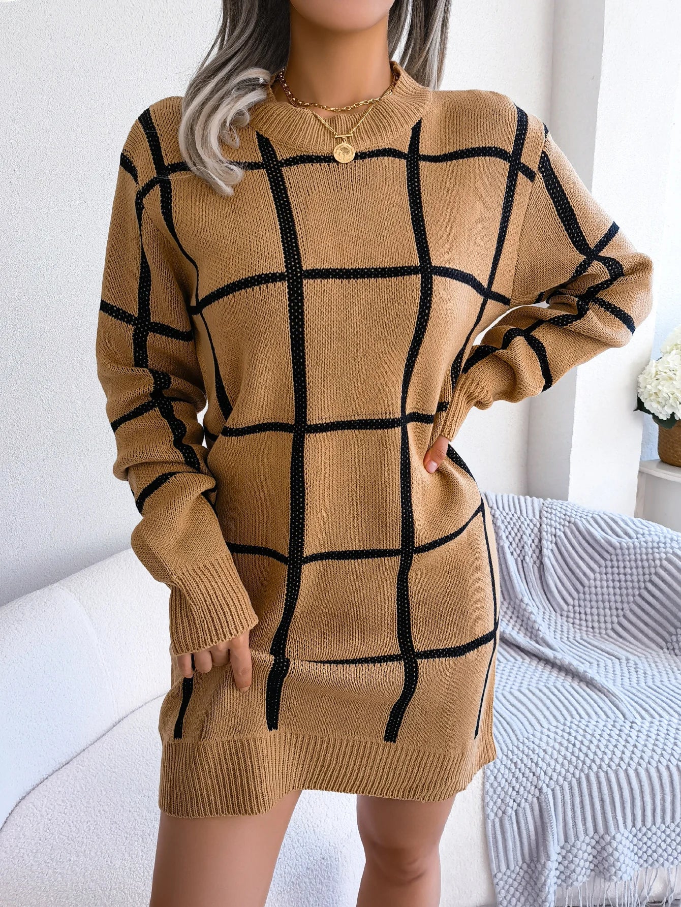 Women Casual Plaid Long Sleeve Knitted Sweater Dress 2026 Autumn Winter Clothes Without The Belt