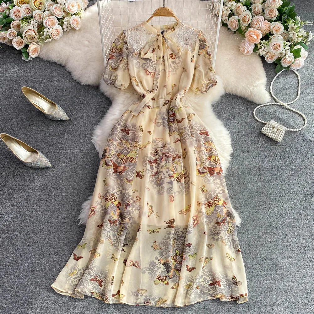 Retro Knot Bubble Sve ort Dr Slimming A-Line Floral Chiffon Dr Ele Long Skirt High Waist Korean Sle