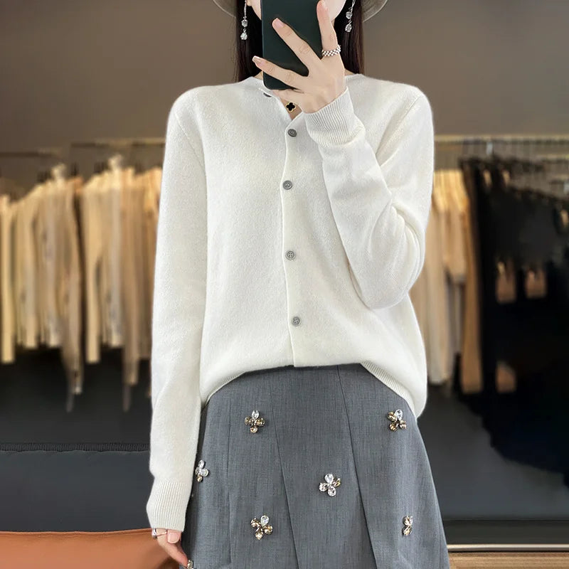 100% Merino Wool Sweater Women O-Neck Cardigan Basic Style Buttoned Knitwear Female Casual Autumn Winter Soft Tops