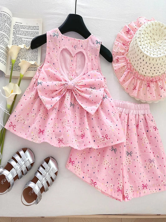 Girls Spring/Summer Cute Bow Set – Floral Top & Shorts with Matching Hat, Korean Style Kids Fashion for Ages 2-8