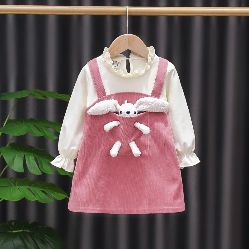 Kid Girl Dress Princess Dress Pocket Bear Gift Birthday Party Children Puff Long Sleeve Toddler Girl Clothes Teen Baby Suit A830