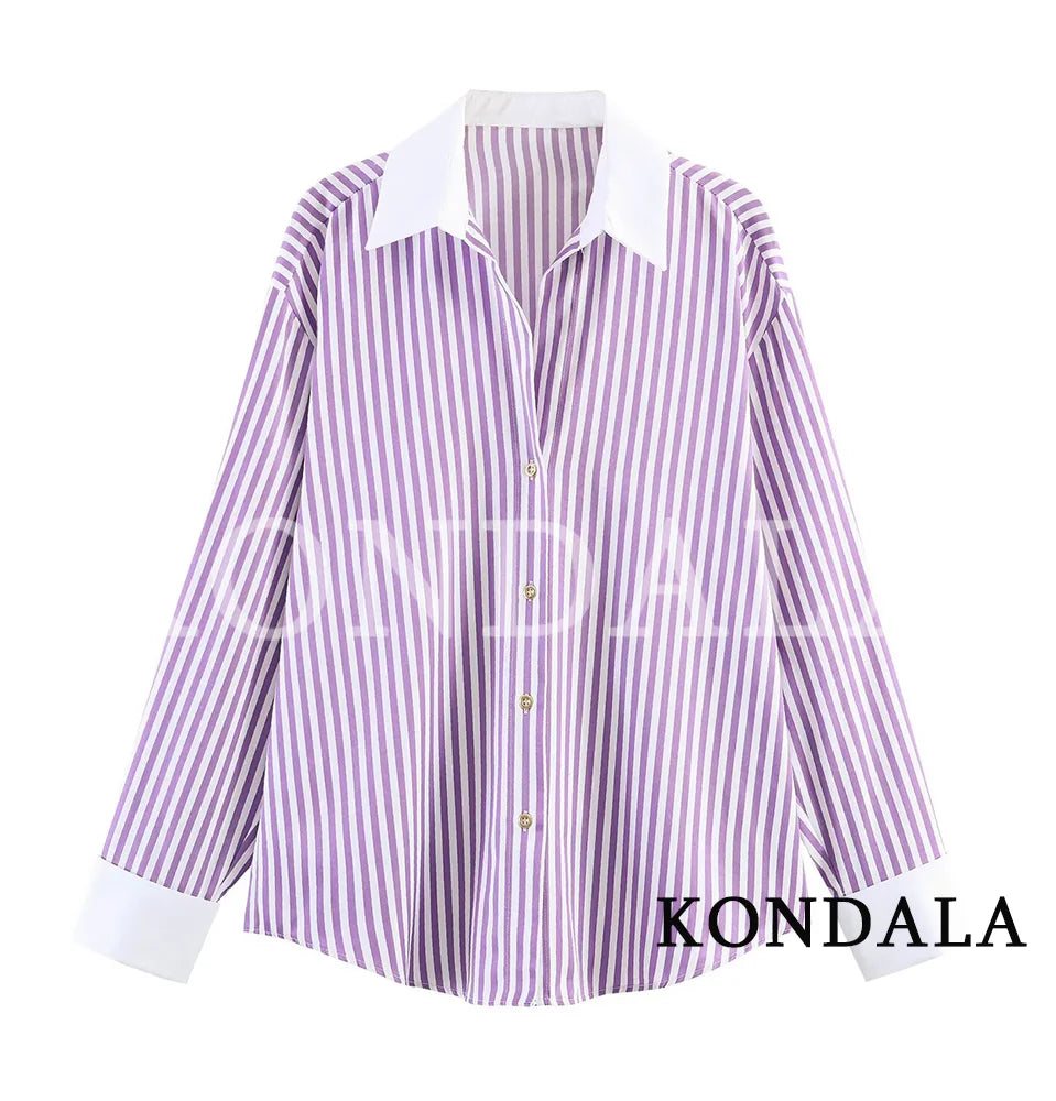 KONDALA Casual Stripes Pink Shirts Women's Trendy Vacation Buttons Lapel Shirts New 2026 Spring Summer Fashion High Street Shirt