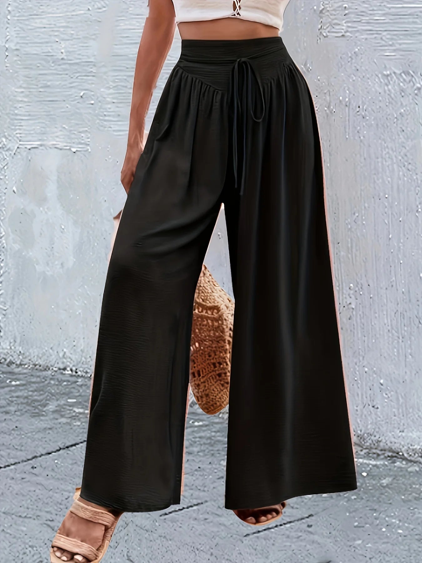 Women's Elegant Solid Color Elastic Waist Wide-Leg Pants with Belt Design, Loose Fit, Suitable for Casual and Comfortable Wear