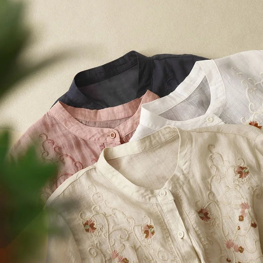 2025 New Literary Floral Embroidery Women O Neck Cotton Linen Long Shirts Loose Summer Blouses Sum Protection Female Casual Tops
