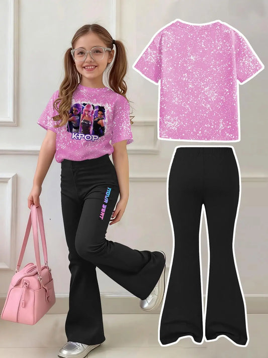 Girls 2-Piece K-Pop Outfit - Pink Splatter Print T-Shirt & Black Flared Pants Set for Kids