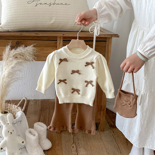 Baby Girl 3-Piece Knitted Outfit Set Autumn Cute Bowknot Cream Sweater + Brown Ruffle Flared Pants + Mini Bag Girls Clothing