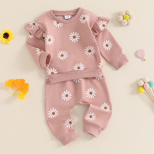 Pudcoco Toddler Newborn Baby Girl Fall Outfit Daisy Print Long Sleeve Sweatshirt with Elastic Waist Pants 2 Pcs Set 0-3T