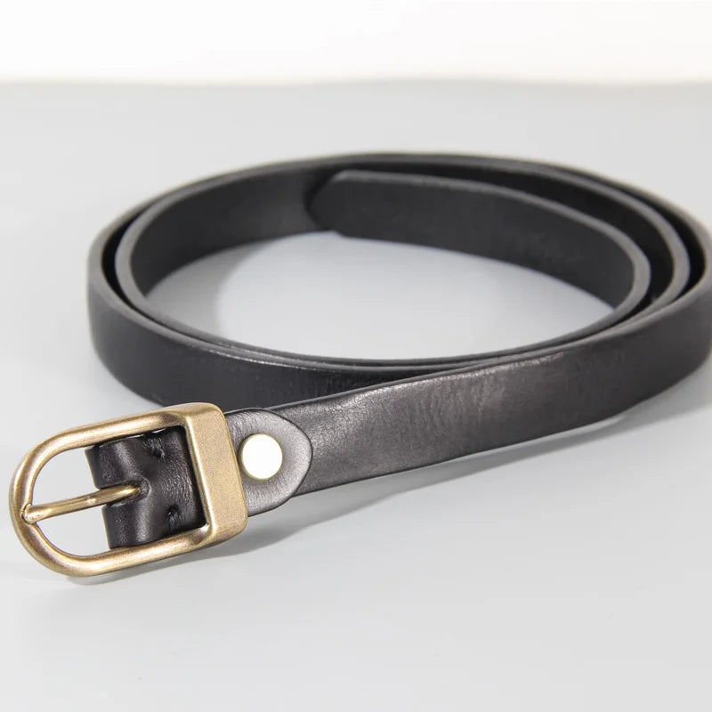 Retro Narrow Cowhide Women's Belt Pure Copper Button Top Cowhide All-match Casual Jeans Belt High Quality Luxury Women Belt