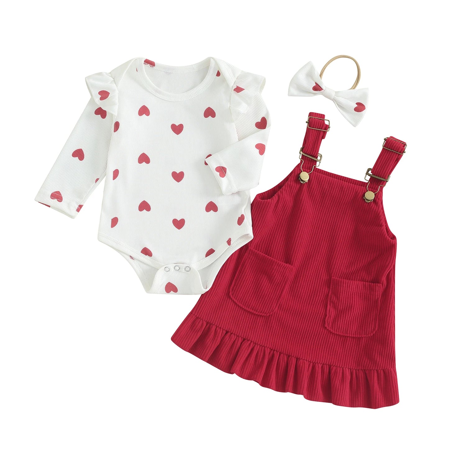 Citgeett Spring Valentine's Day Infant Baby Girls Outfits Heart Print Romper + Suspender Skirt + Headband Set Clothes