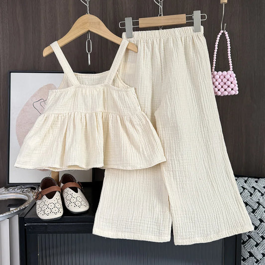 2026 Summer Sweet Style Kids Set Strawberry Pattern Camisole Top+Wide Leg Pants 2Pcs Clothes Beige Korean Girls Suit