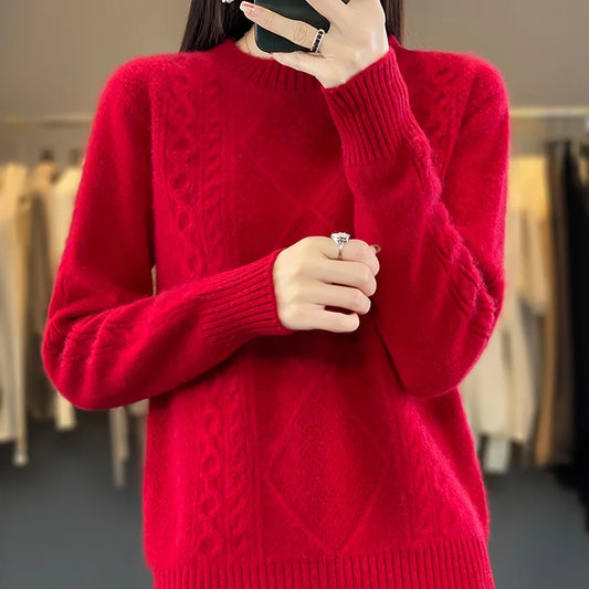 100% Cashmere Sweater Women's Half Turtle Collar Jacquard Long Sleeve Loose Thickened Sweater Autumn and Winter Casual Knitted B
