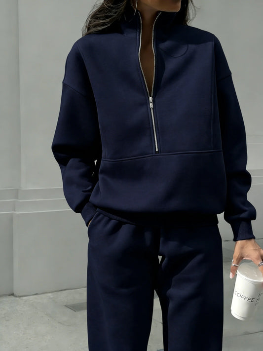 Women Half Zip 2 Piece Tracksuit Set, Stand Collar Long Sleeve Sweatshirt With Pocket & Elastic Waist Jogger Pants, Casual Loose Matching Loungewear Outfit
