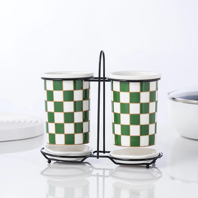 Checkerboard Ceramic Chopsticks Holder Drain Rack Chopsticks Basket Chopsticks Box Cutlery Box Storage Rack Wall-mounted Shelf