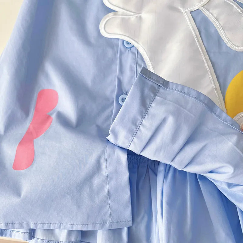 New Arrivals Girls' Dress Summer Fashion Kids' Turn-down Collar Puff Sleeve Dress Cute Rabbit Cotton Princess Dress Casual Style