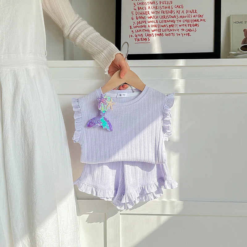 Girls 2-Piece Set Sleeveless T-shirt + Shorts 6 Colors Summer Pajamas Korean Style New Breathable Pure Cotton Home Wear 18M-8Y