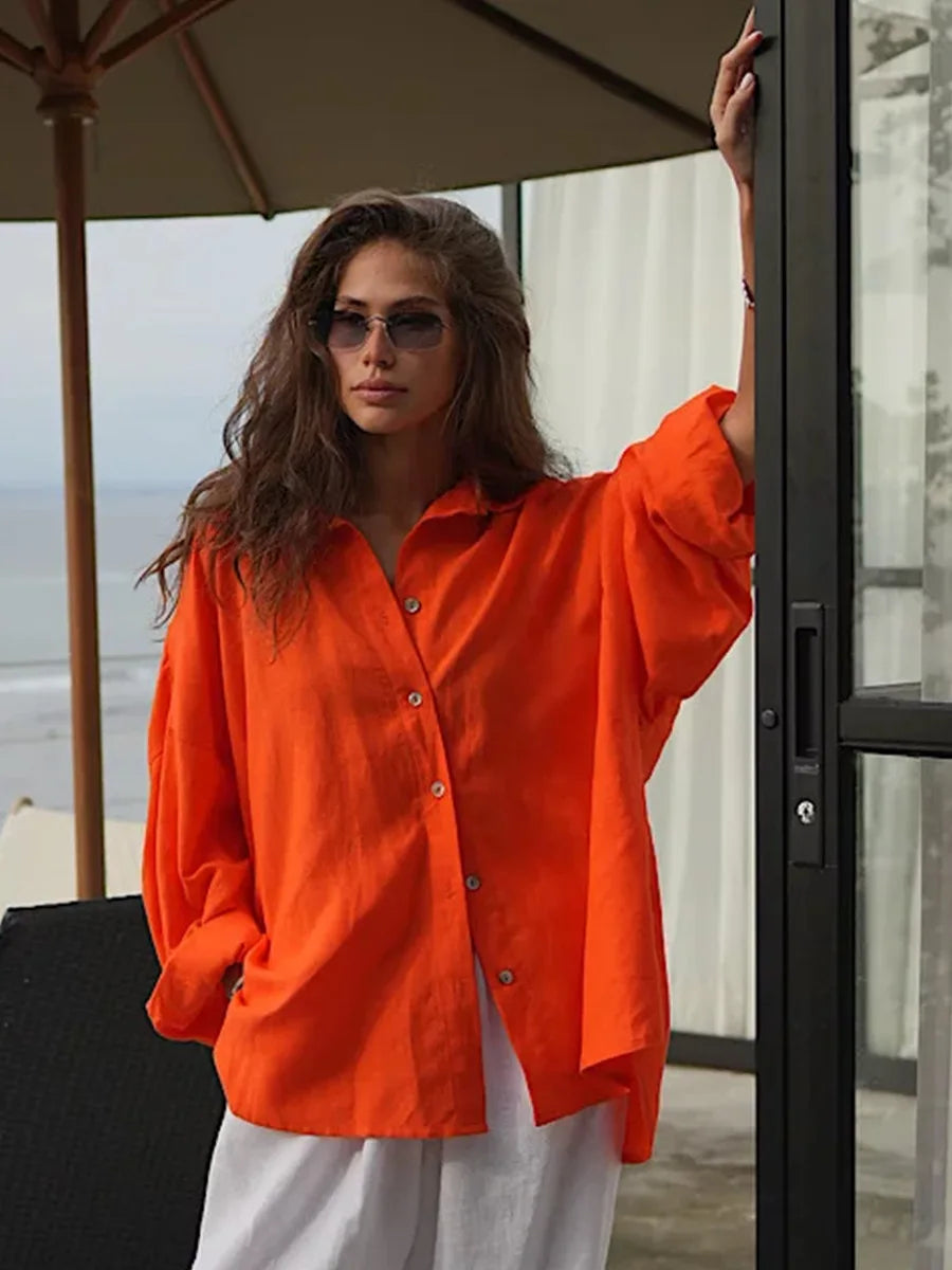 Cotton Spring Summer Versatile Lazy Casual Shirt Women's Fashionable Solid Color Loose Shirt Cardigan Shirt