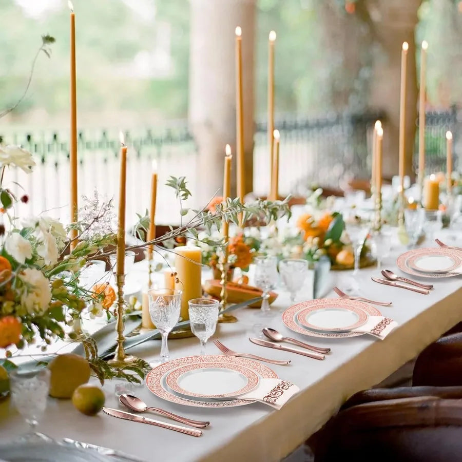 700PCS Rose Gold Plastic Dinnerware Set for 100 Guests Disposable Plates for Party Wedding Include 100 Rose Dinner Plates 100 D