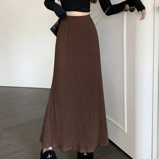 High Waist A- Line Pleated Skirt Women's Casual Lazy Style Spring Summer New Slimming Midi Dress Polyester Fiber Plain Color