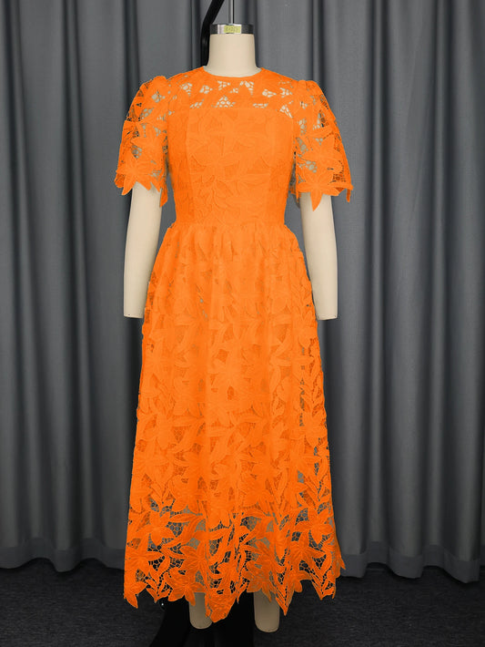 Elegant Lace Dress Irregualr Length Wedding Guest Bridal Shower for Bride Midi O Neck Hollow Out Women Classy Business Party New