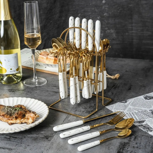 24pcs Stainless Steel Marbled Tableware Set Mirror Polished with Storage Rack Famliy Cutlery Set Nordic Style