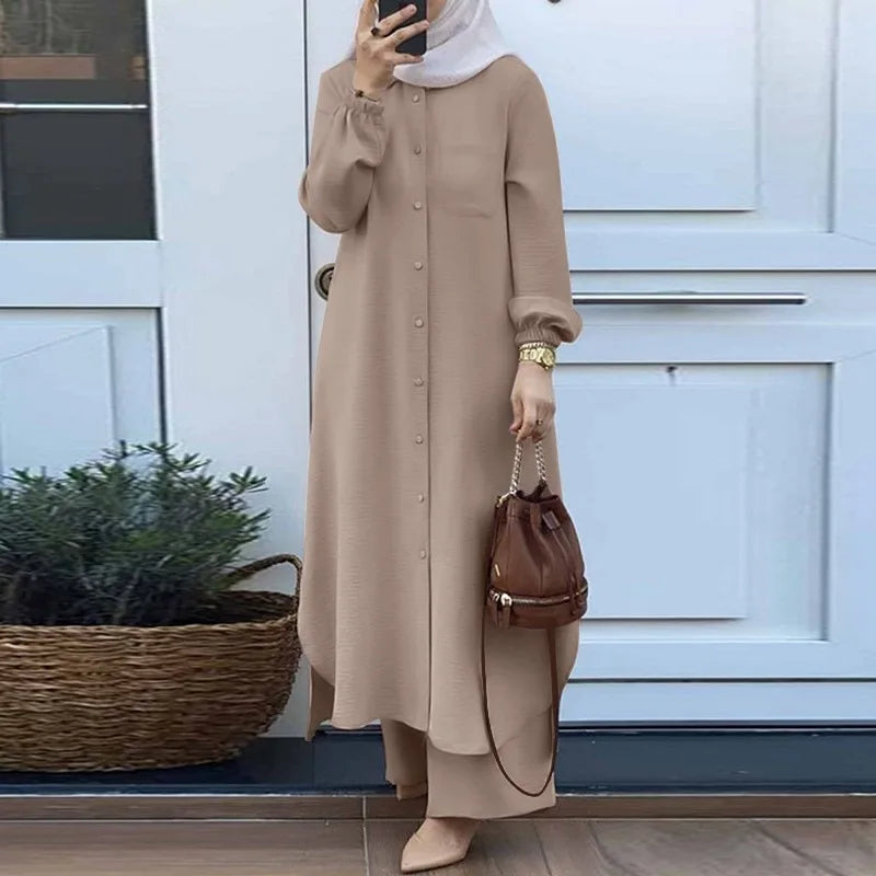 Muslim Arabian Fashion 2pcs Clothes Suits Spring Autumn Women Long Shirts+trousers Abaya Femme Musulman Eid Mubarek Outfits