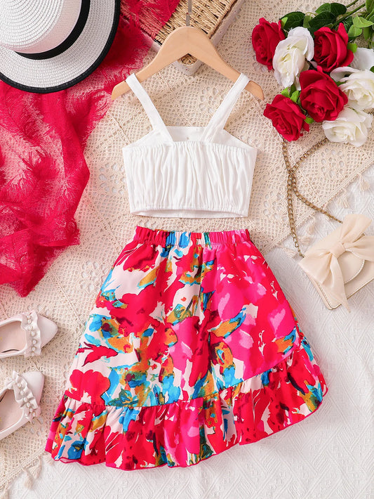2-Piece Set for Girls, Fashionable Summer Outfit, Solid Color Knitted Button-Up Camisole Short Top + Elastic Waist Floral Print Skirt, Casual and Comfortable Everyday Wear for Girls, Youthful and Versatile Children's Clothing