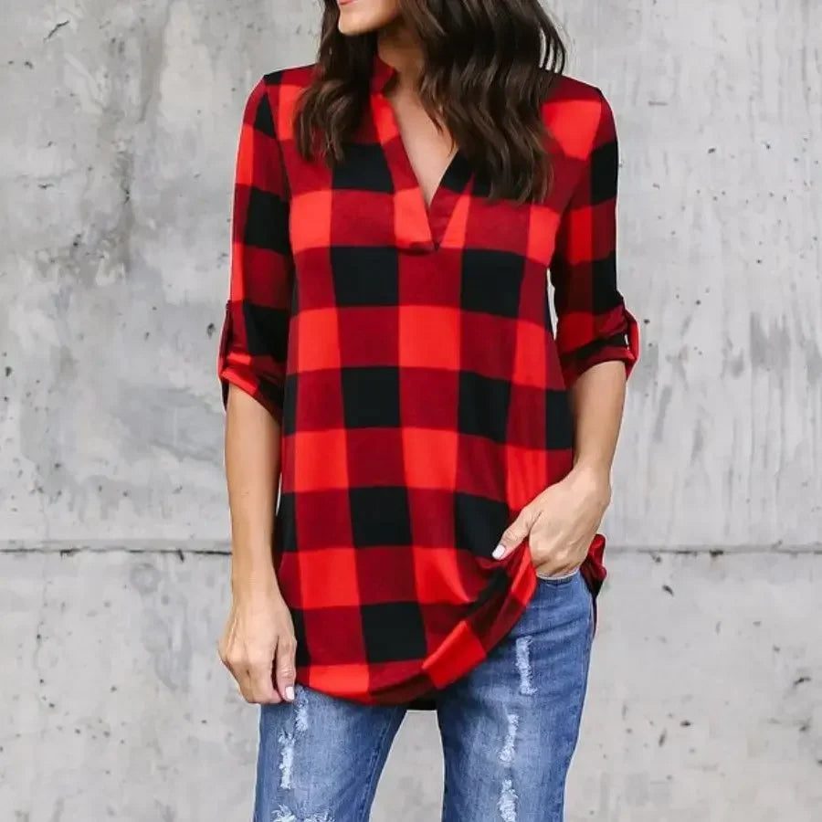 Fashion Plaid V-neck T-Shirt Woman Top Summer T Shirt Women Clothes Ladies Tops Casual Beach Sun Blusas