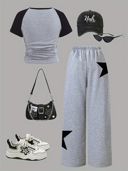 Trendy Items for Girls, Girls' Clothing, 2-Piece Girls' Set, Back-To-School Outfit, Star Pattern, Gray Wide-Leg Sweatpants, American Football, Volleyball, Thanksgiving, Halloween Outfits, Christmas Sweatpants, Suitable for Sp