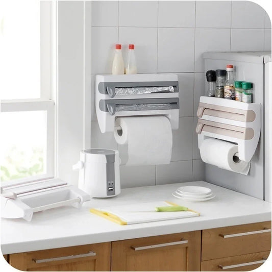 Kitchen Paper Towel Holder Wall-Mount Adhesive Tissue Hanger Sauce Bottle Rack 4In1 Cling Film Cutting Holder Organizer