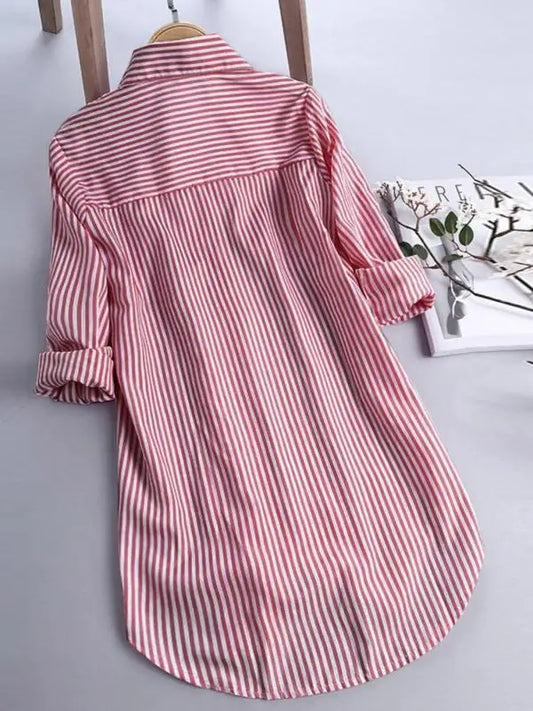 Plus Size Women's Fashion Striped Lapel Single Breasted Blouse Shirt Autumn Spring Ladies Casual Loose Long Sleeve Button Shirt
