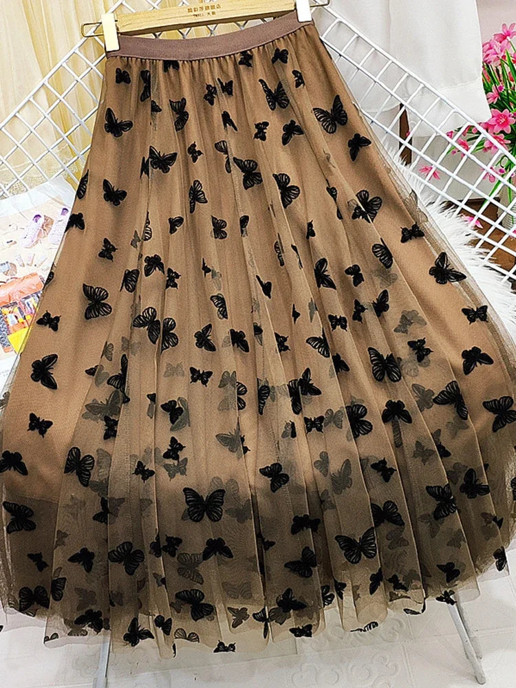 Butterfly Flocking Tulle Long Skirt Women Aesthetic Casual A Line Elastic High Waist Midi Mesh Skirt Female Black