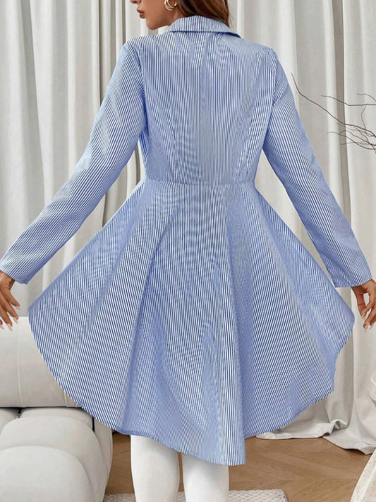 A women's blue and white striped waist irregular hem shirt, commuting style slim lapel long-sleeved top
