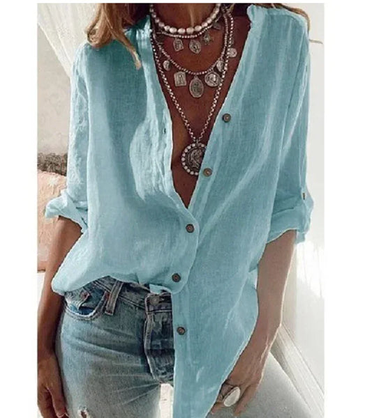Summer Autumn Women's Cotton Linen Shirt Fashion Solid Color Casual Loose Button V-Neck Long Sleeve Top Commuter Wear