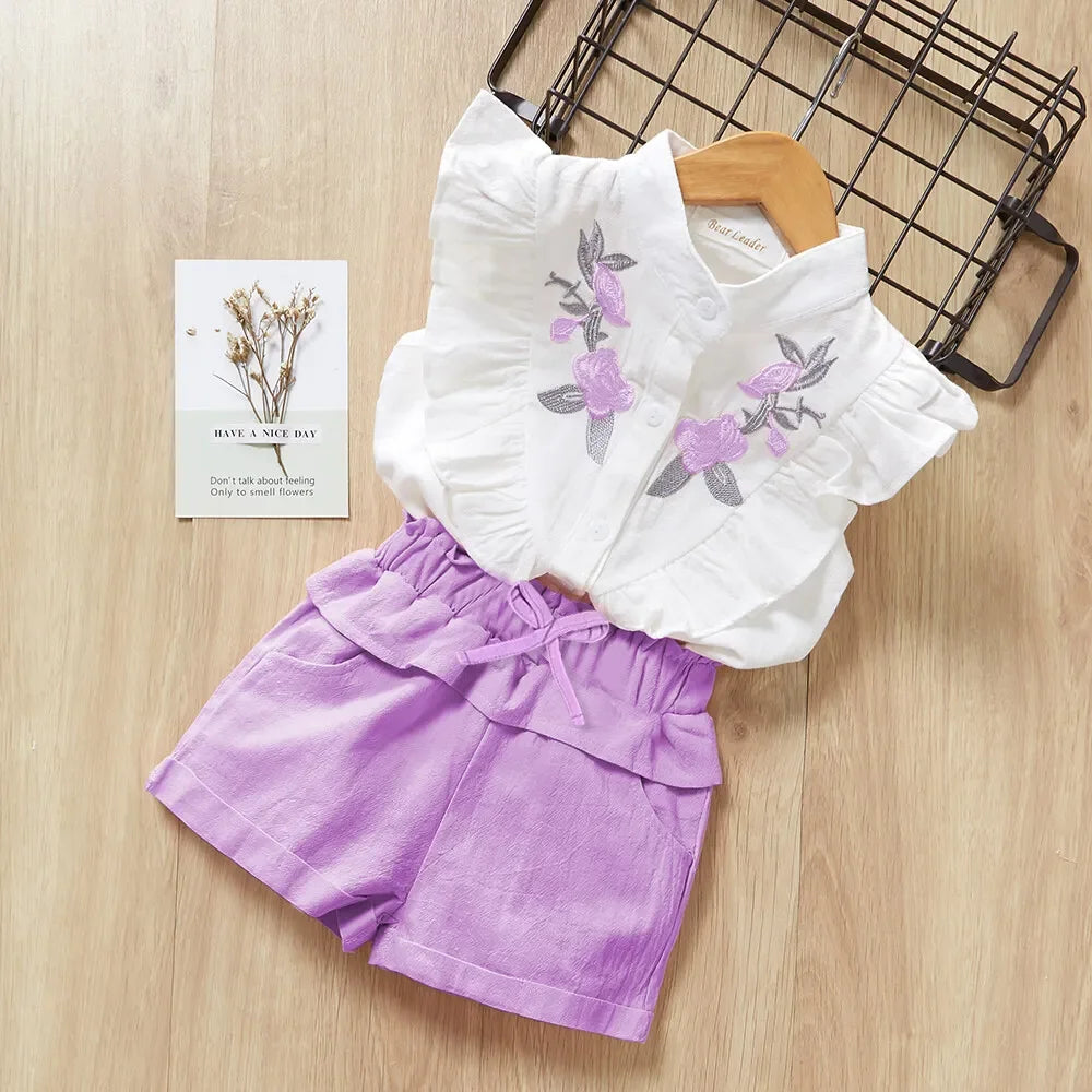 Bear Leader Kids Clothes Girls Summer Embroidered Flower Flying Sleeve Top+Bow Elastic Shorts Set White Shirt Set
