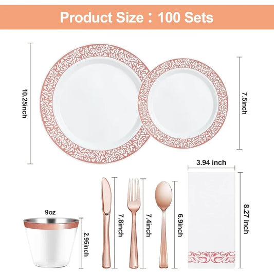 700PCS Rose Gold Plastic Dinnerware Set for 100 Guests Disposable Plates for Party Wedding Include 100 Rose Dinner Plates 100 D