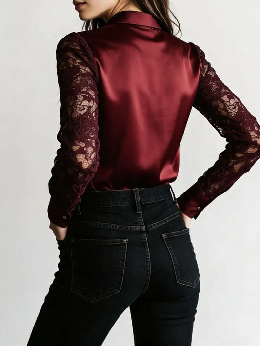 2026 Spring New Burgundy Satin Lace Patchwork Shirt European and American Style Light Luxury Sexy Long Sleeve Top Women's Versatile Commuter and Date Shirt