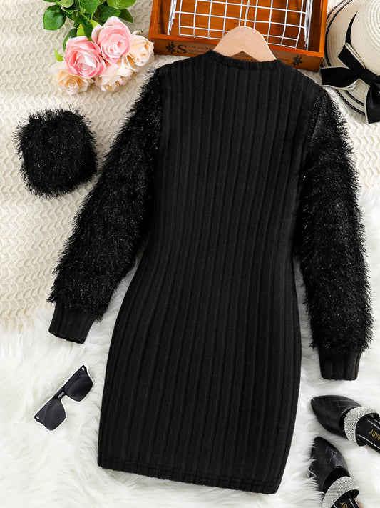 Four seasons light casual fashion girls formal dress solid color pit striped round neck long sleeve plush girl shoulder bag dres