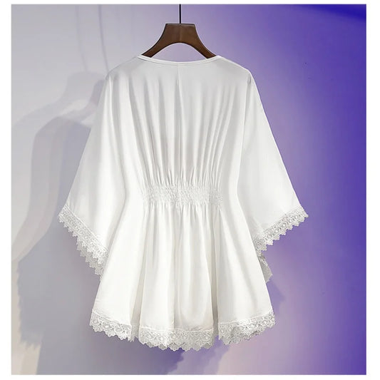 Women Summer Tees Retro Boho Style Embroidery Blouses Cloak Top Loose Cotton Lace Hem Bat sleeve Kimono Shirts Blusa Feminina