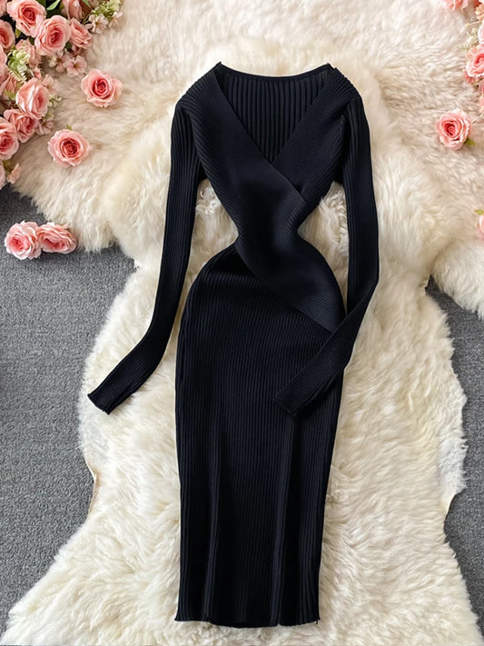 YuooMuoo Autumn Winter 2025 Women Dress Elegant Cross V-neck Slim Waist Knitted Bodycon Dress Korean Office Lady Vestidos