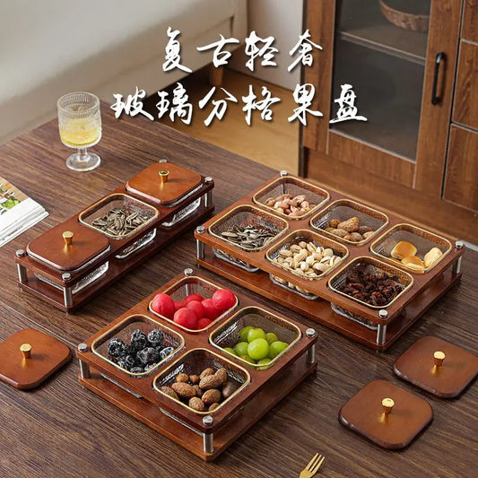 Deluxe Glass Fruit Snack Tray Household Living Room with Cover Grid Creative Dried Fruit Dim Sum Candy Tray