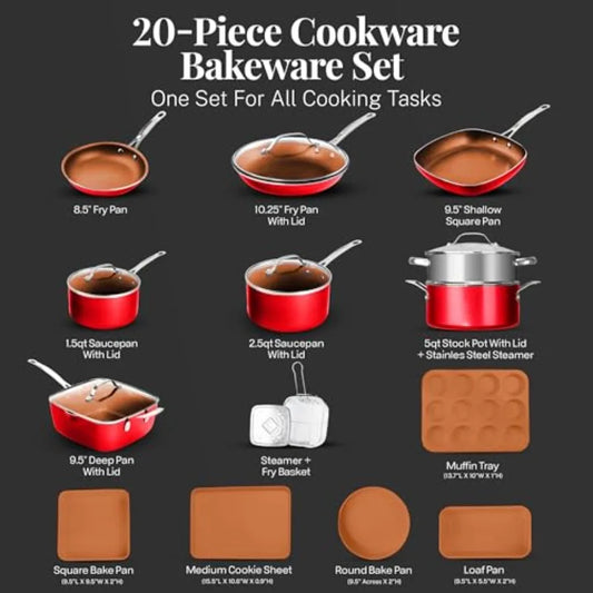 20 Pc Pots and Pans Set Nonstick Cookware + Bakeware Set Complete Ceramic for Kitchen Non Stick with Lids Dishwasher Oven Safe