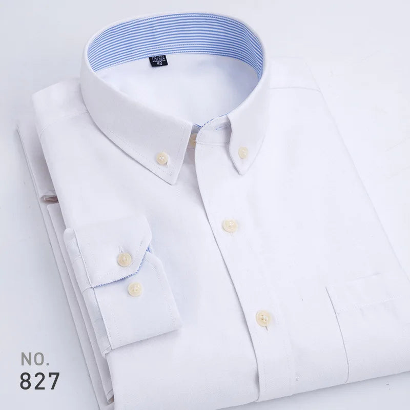 Mens Striped Plaid Oxford Spinning Casual Long Sleeve Shirt Comfortable Breathable Collar Button Design Slim Male Business Dress