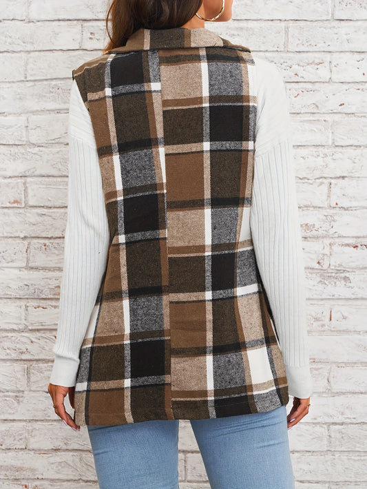 European American Cross-Border Women's Fashionable And Elegant Plaid Pattern Front Buckle Flip Collar Vest